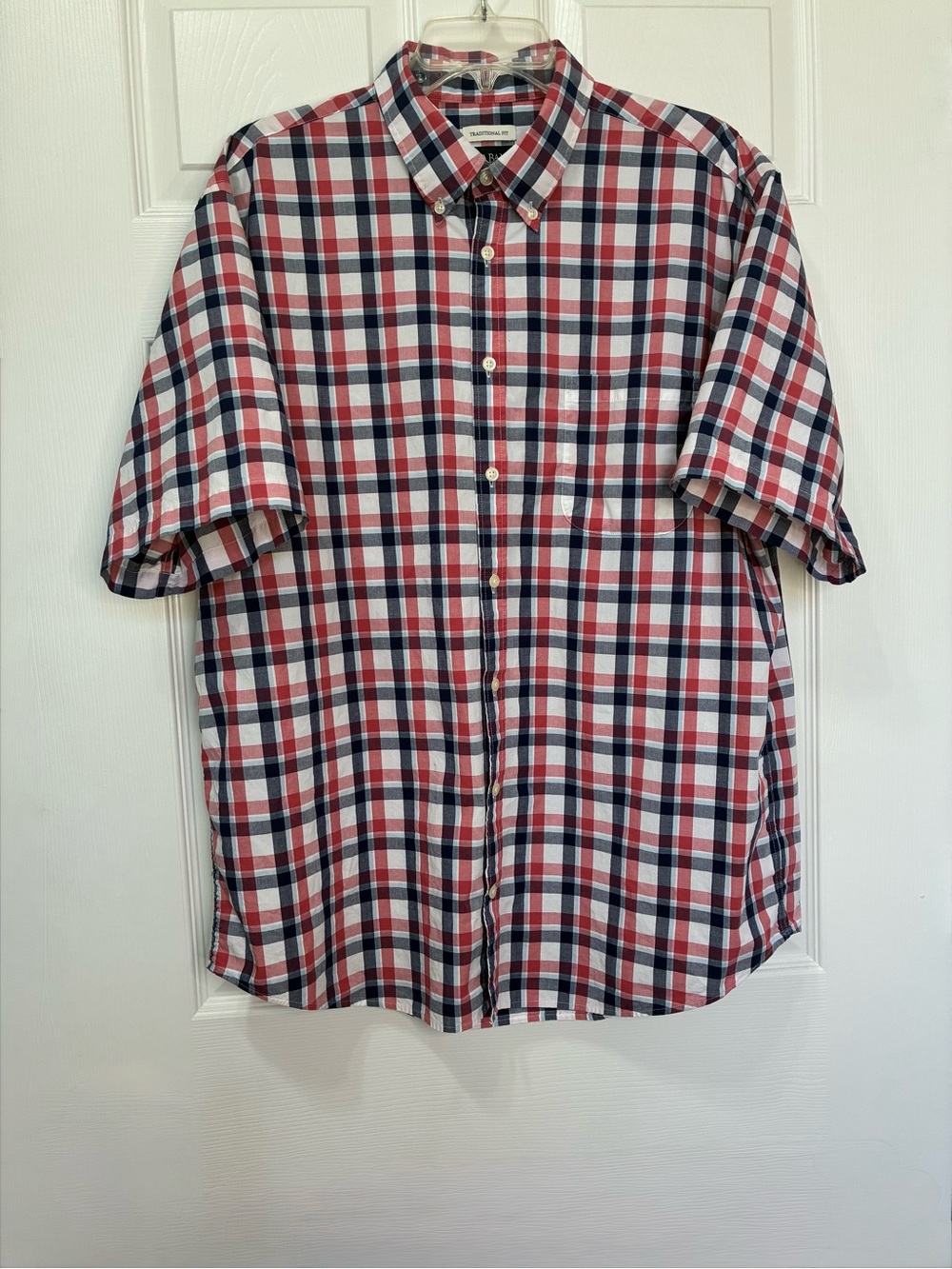 Jos A Bank Traditional Fit Shirt Mens XL Blue Red White Plaid Pocket July 4th
